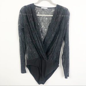 ZARA | Black Lace Long Sleeve Deep V Bodysuit M